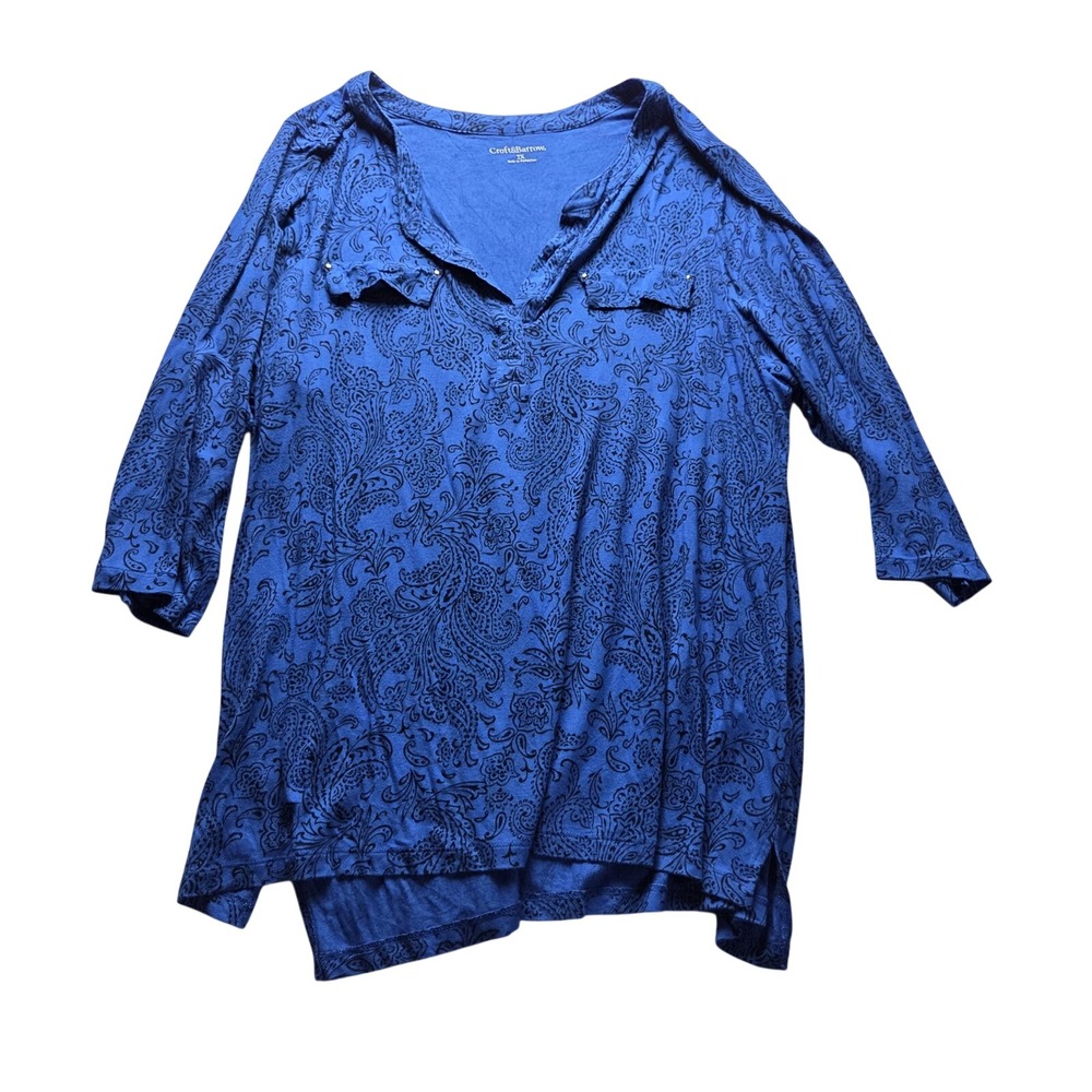 Croft & Barrow Blouse Womens Plus 2X Blue V Neck 3/4 Sleeve Paisley Tunic Top
